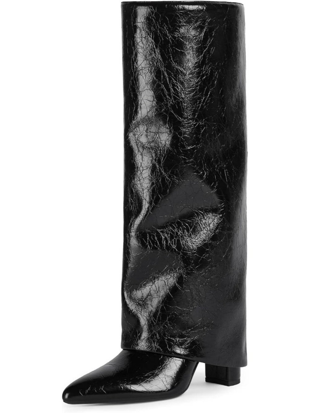 Women's B-Black Knee High Fold Over Boots Chunky Heel Pointed Toe Tall Boots
